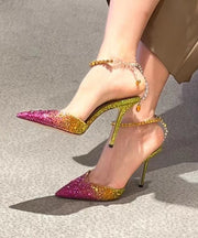 Rhinestone Gradient Color Sexy Pointed Thin Heel Sandals 2024 New