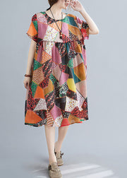 Rhombic Lattice Print Linen Maxi Dress Wrinkled Short Sleeve