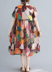 Rhombic Lattice Print Linen Maxi Dress Wrinkled Short Sleeve
