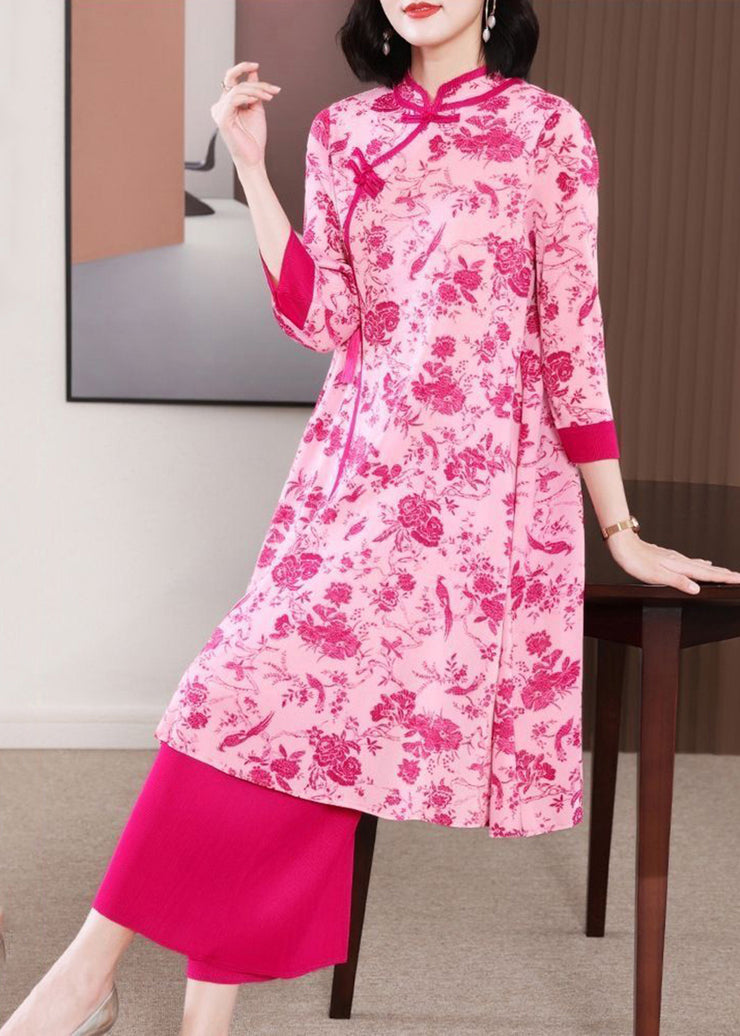 Rose Chinese Style Dress Two Piece Set Mandarin Collar Chinese Button Summer