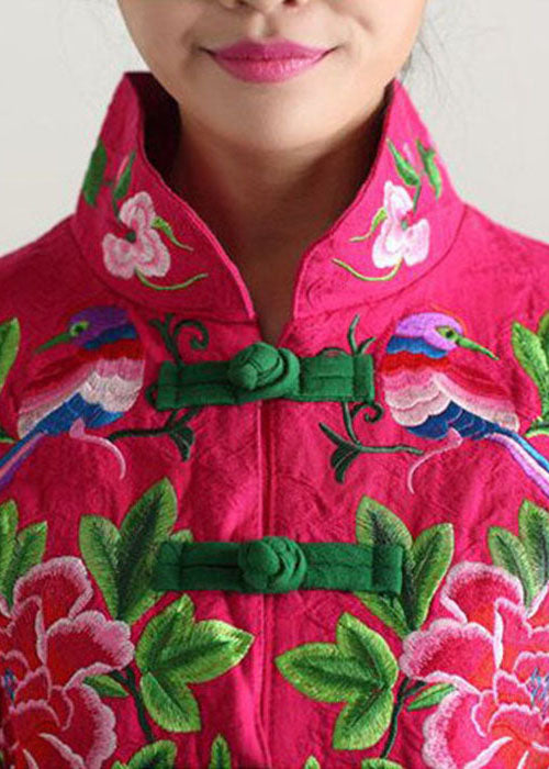 Rose Cotton Coat Outwear Mandarin Collar Embroidered Fall