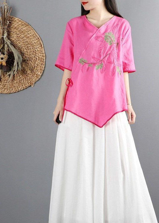 Rose Cotton Shirt Top V-Ausschnitt Bestickte halbe Ärmel