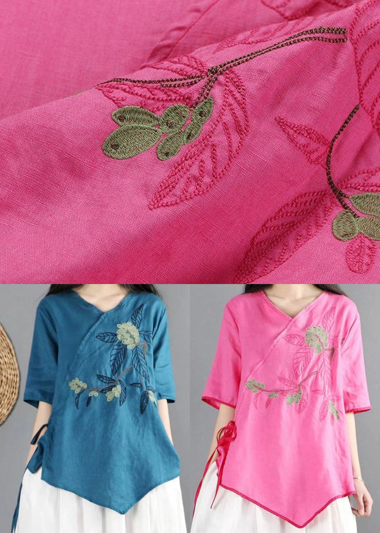 Rose Cotton Shirt Top V Neck Embroidered Half Sleeve