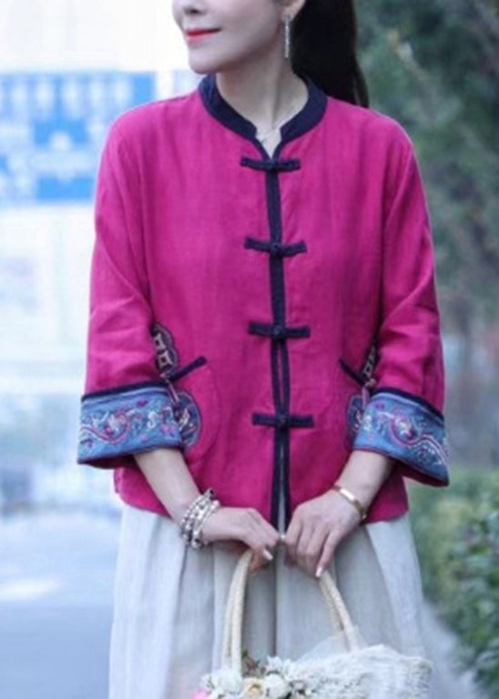 Rose Linen Blouse Top Stand Collar Long Sleeve