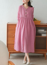 Rosafarbenes langes Leinenkleid und Spaghettiträgerkleid, zweiteiliges Set mit bestickten kurzen Ärmeln