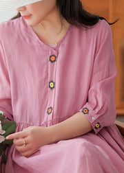 Rosafarbenes langes Leinenkleid und Spaghettiträgerkleid, zweiteiliges Set mit bestickten kurzen Ärmeln