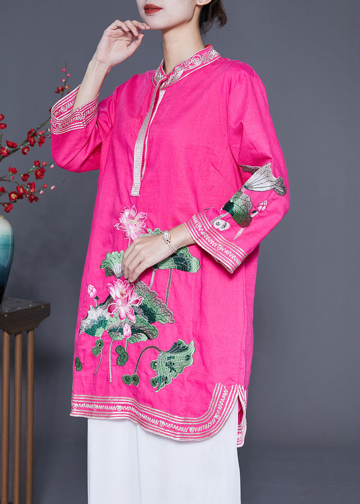 Rose Linen Vacation Dress Stand Collar Lotus Embroidered Summer