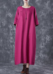 Rose Oversized Linen Holiday Dress Chinese Button Side Open Half Sleeve