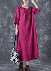 Rose Oversized Linen Holiday Dress Chinese Button Side Open Half Sleeve