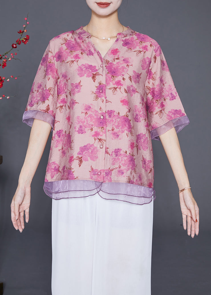 Rose Patchwork Organza Linen Silk Shirt V Neck Print Half Sleeve