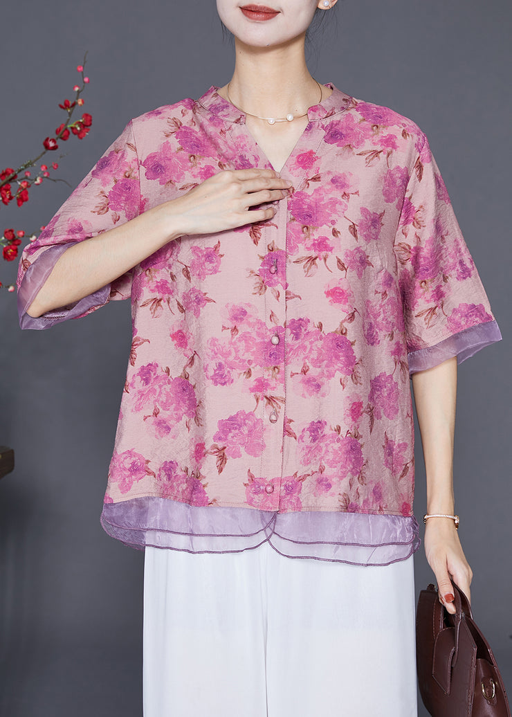 Rose Patchwork Organza Linen Silk Shirt V Neck Print Half Sleeve