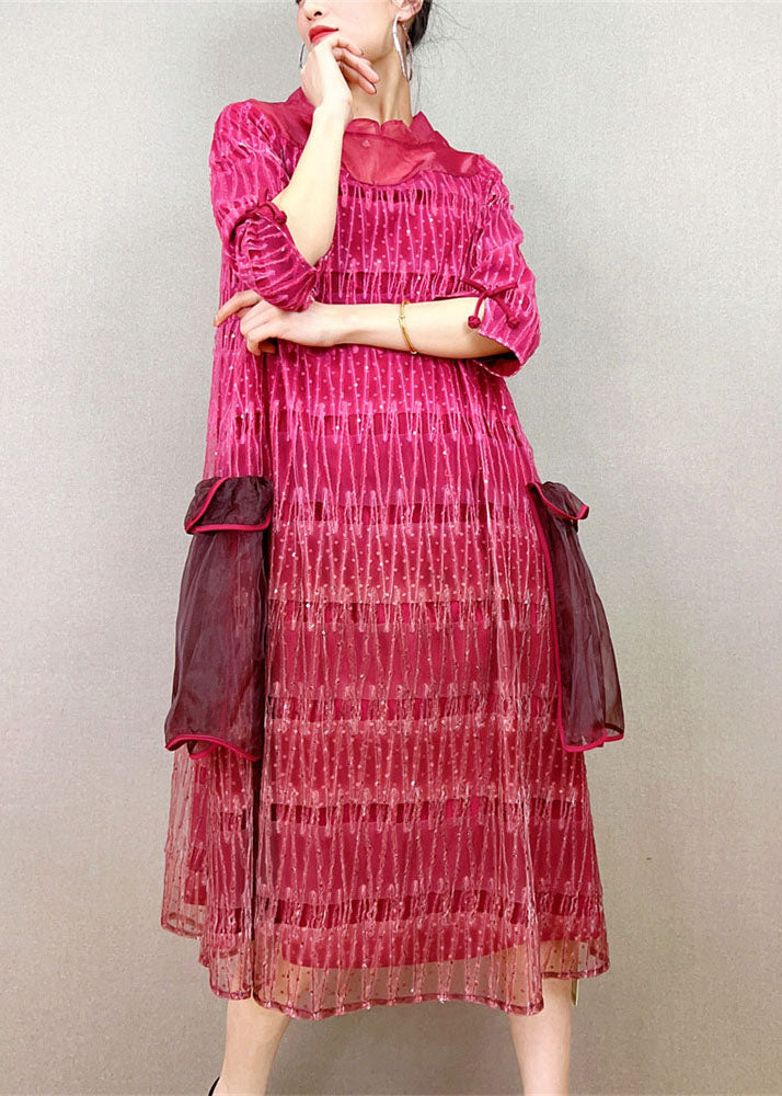Rose Patchwork Tulle Dresses Embroidered Pockets Wrinkled Summer