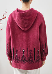 Rose Print Faux Mink Velvet Jacket Hooded Rivet Spring