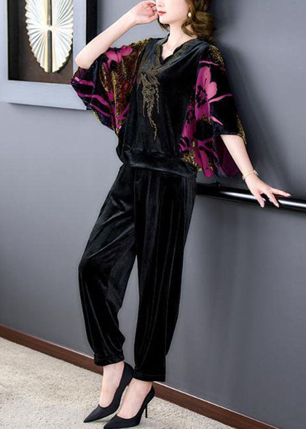 Rose Print Silk Velour Tops And Pants Two Pieces Set V Neck Batwing Sleeve