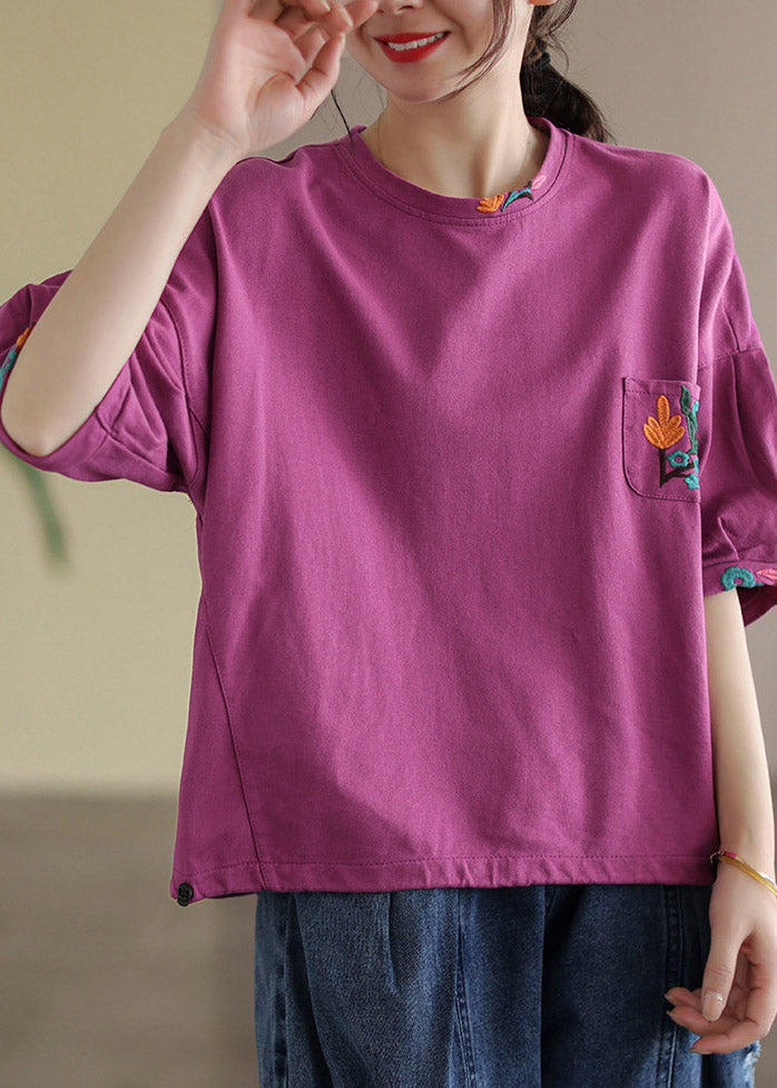 Rose Purple O-Neck Pockets T-Shirt halbe Ärmel