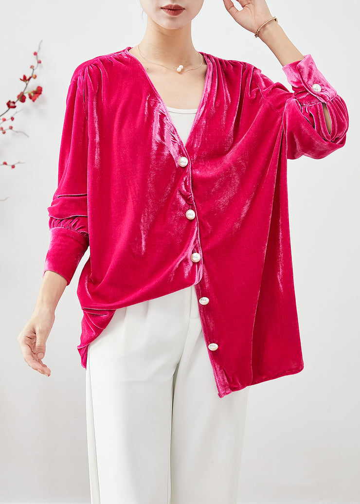 Rose Silk Velour Shirts Oversized Button Down Fall