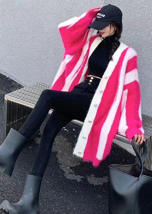 Rose Striped Mink Hair Knitted Loose Coat Oversized Batwing Sleeve