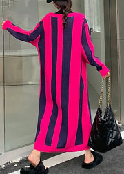Rose V Neck Striped Patchwork Thick Knit Sweater Dress Winter