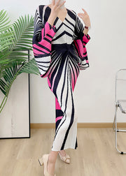 Rose V Neck Striped Wrinkled Maxi Dresses Long Sleeve