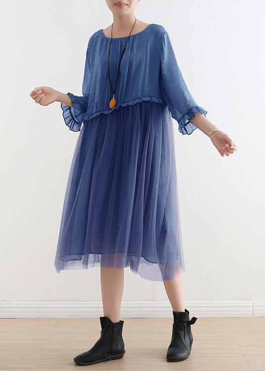 2024 Royal Blue Tulle Maxi dresses Sundress Half Sleeve