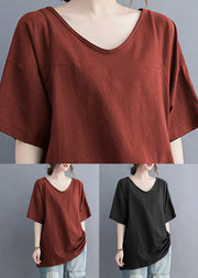 Rust Patchwork Cotton T Shirt Tops V Neck Short Sleeve