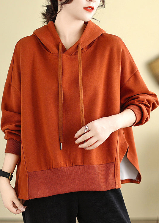 Rust Red Lace Up Cotton Sweatshirts Side Open Long Sleeve