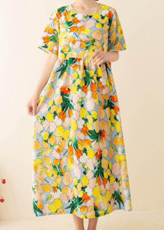 Italian Yellow Print Tunics O Neck Patchwork Loose Summer Dresses