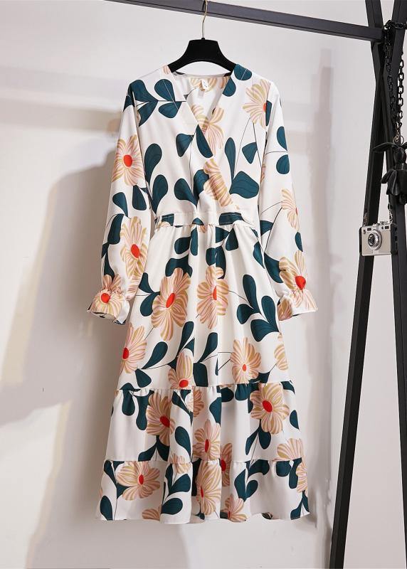 Natural Print Chiffon Clothes For Women V Neck Wrinkled Art Dresses - SooLinen