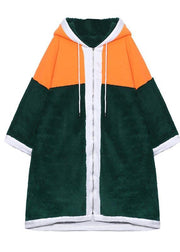 Luxury Mid-length Coats Green Hooded Patchwork Teddy Coat - SooLinen