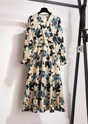 Natural Print Chiffon Clothes For Women V Neck Wrinkled Art Dresses - SooLinen