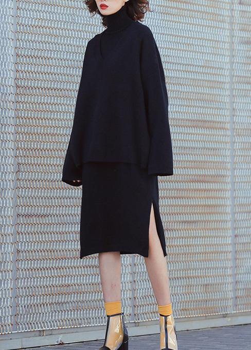 Set female 2019 large size turtleneck sweater suit skirt black two-piece long paragraph over the knee - SooLinen