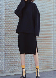 Set female 2019 large size turtleneck sweater suit skirt black two-piece long paragraph over the knee - SooLinen