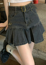 Sexy Black Grey High Waist Sashes Pockets Patchwork Cotton Denim Pleated Skirts Summer