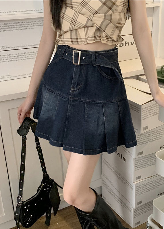 Sexy Black Grey High Waist Sashes Pockets Patchwork Cotton Denim Pleated Skirts Summer