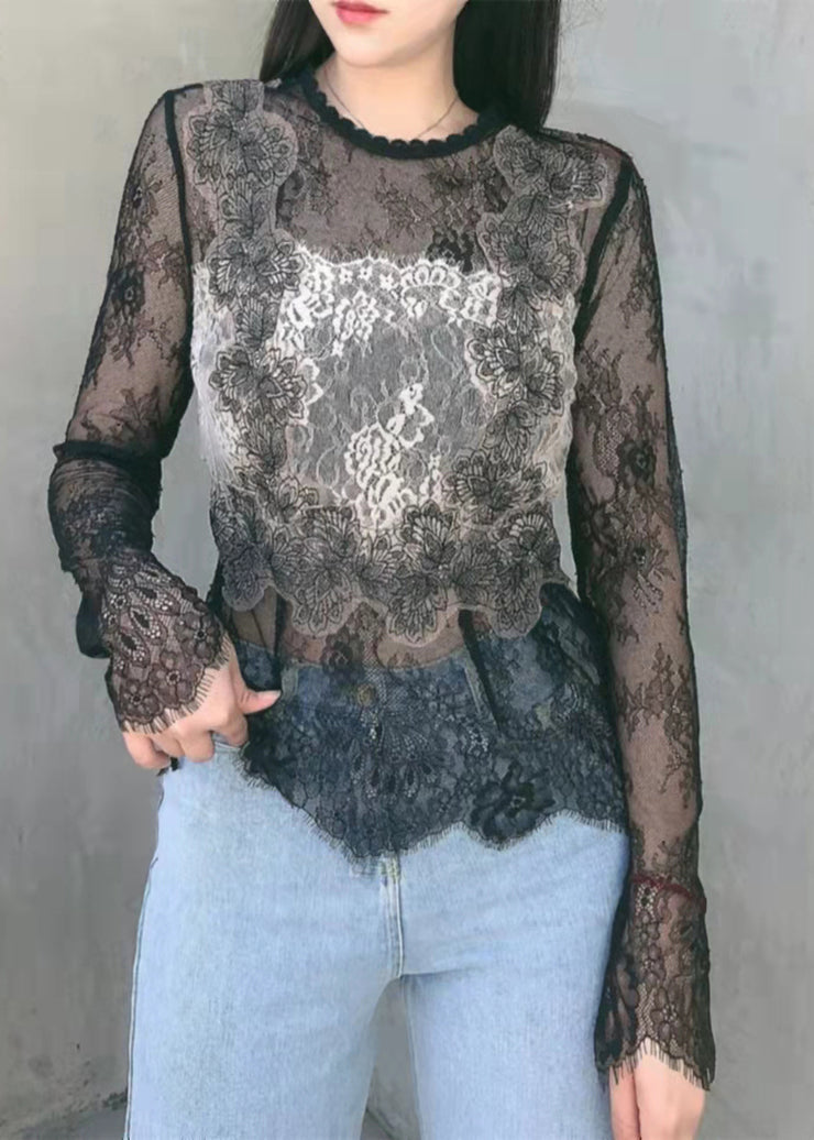 Sexy Black Hollow Out O-Neck Embroidered Lace Top Long Sleeve