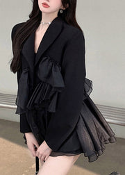 Sexy Black Notched Asymmetrical Patchwork Mini Pleated Dress Long Sleeve