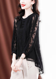 Sexy Black O-Neck Button low high design Tulle Embroidered Silk Tops Long sleeve