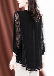 Sexy Black O-Neck Button low high design Tulle Embroidered Silk Tops Long sleeve