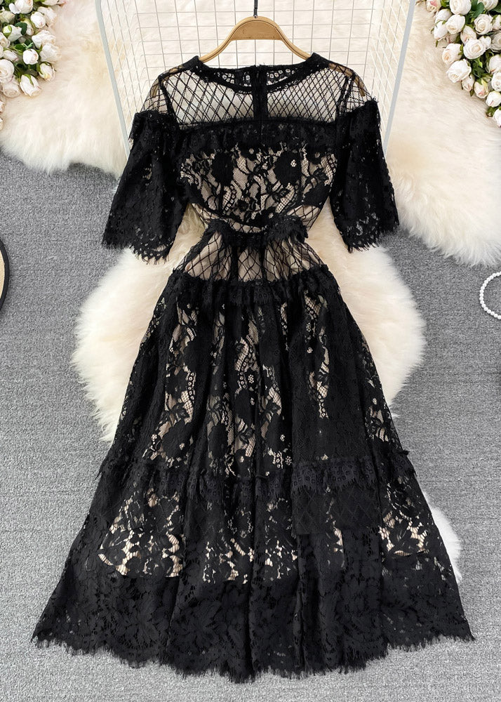 Sexy Black O-Neck Hollow Out Tunic Lace Long Dress Short Sleeve