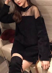 Sexy Black O-Neck Mink Velvet Thick Knit Sweater Fall