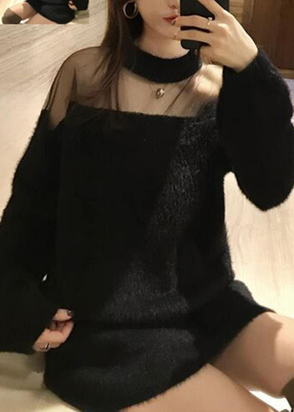 Sexy Black O-Neck Mink Velvet Thick Knit Sweater Fall