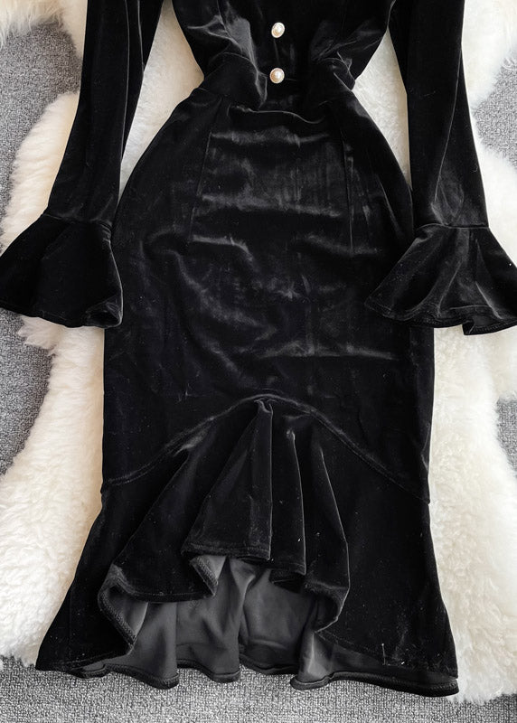 Sexy Black O-Neck Tulle Patchwork Tunic Button Velour Maxi Dresses Long Sleeve