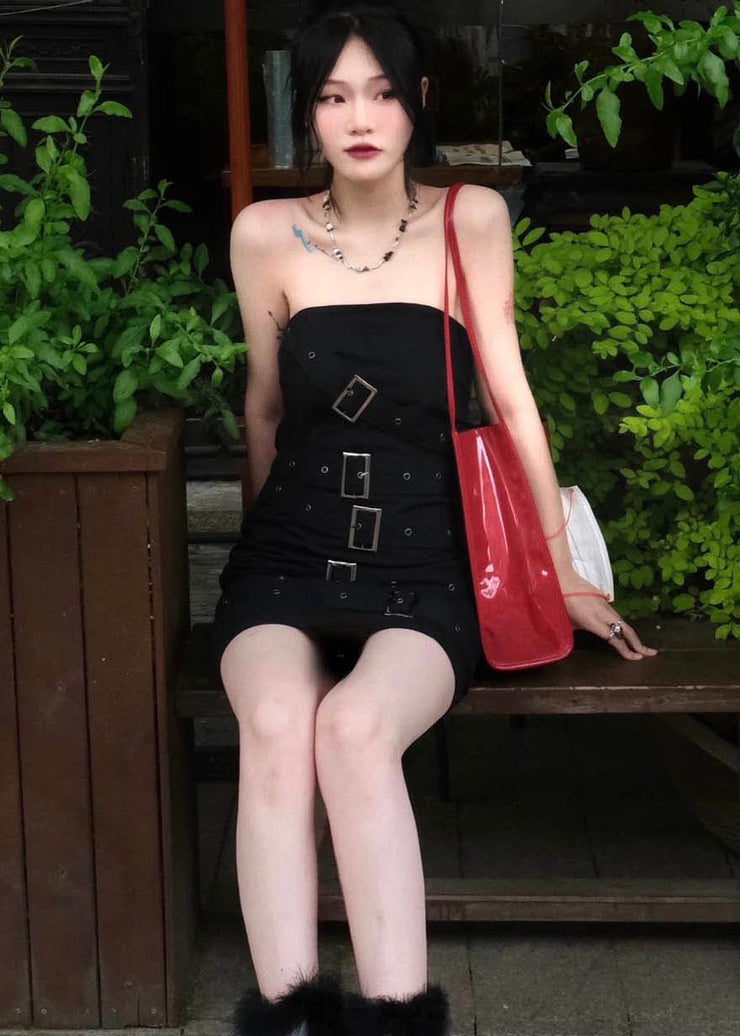 Sexy Black Original Design Slim Fit Cotton Mid Wraped Dress Sleeveless