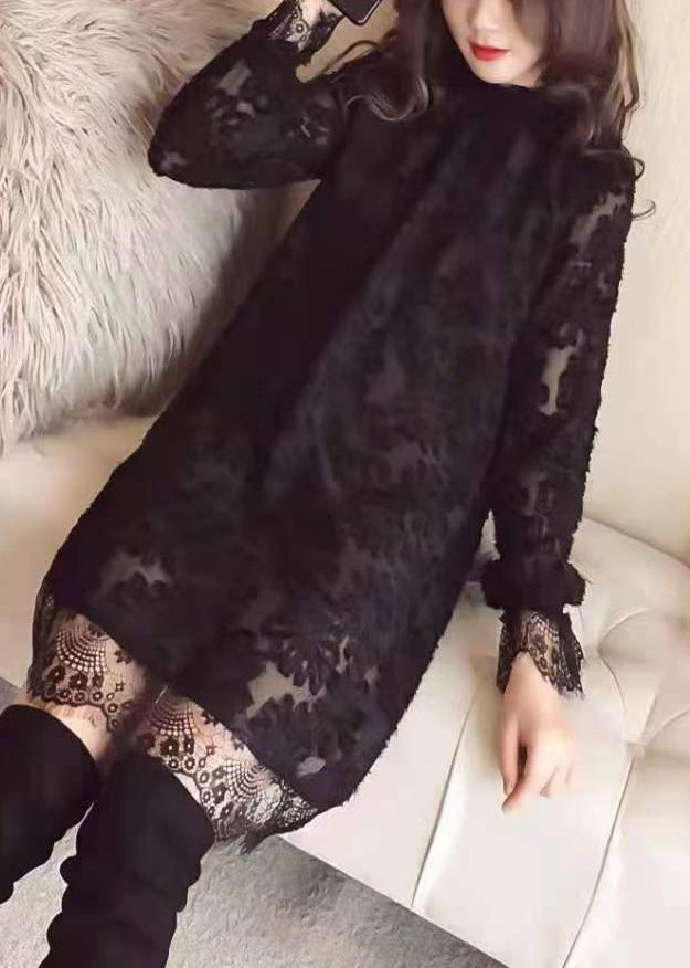 Sexy Black Ruffled Hollow Out Lace Mid Dress Spring