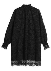 Sexy Black Ruffled Hollow Out Lace Mid Dress Spring