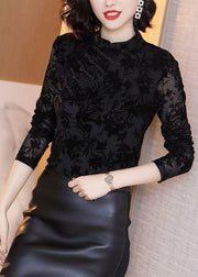 Sexy Black Stand Collar Embroidered Lace Top Fall