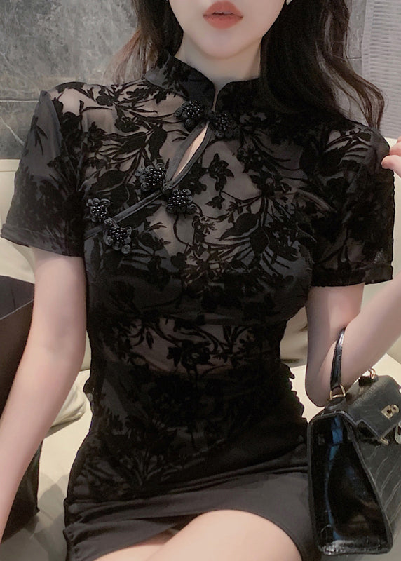 Sexy Black Stand Collar Embroidered Tulle Shirts Short Sleeve