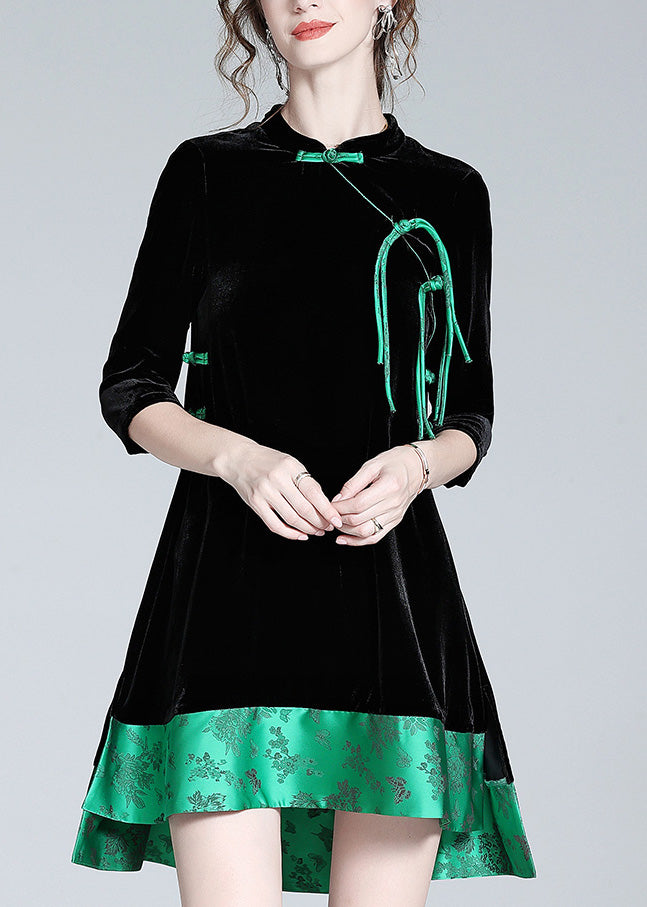 Sexy Black Stand Collar Print Low High Design Silk Velour Maxi Dresses Long Sleeve
