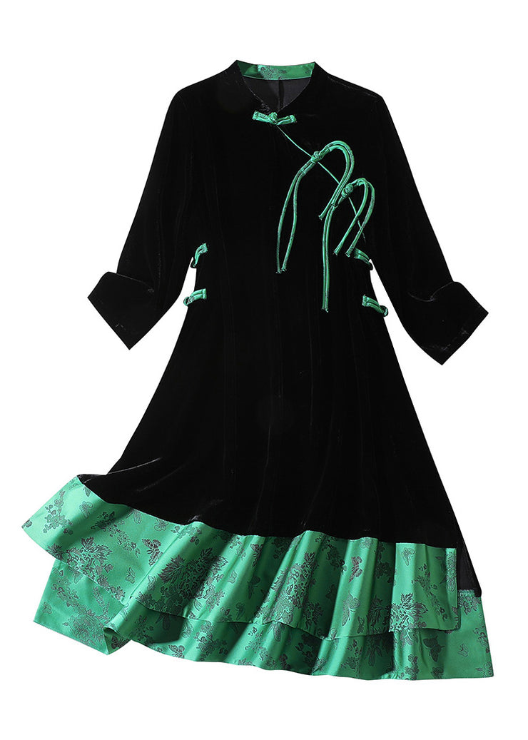 Sexy Black Stand Collar Print Low High Design Silk Velour Maxi Dresses Long Sleeve