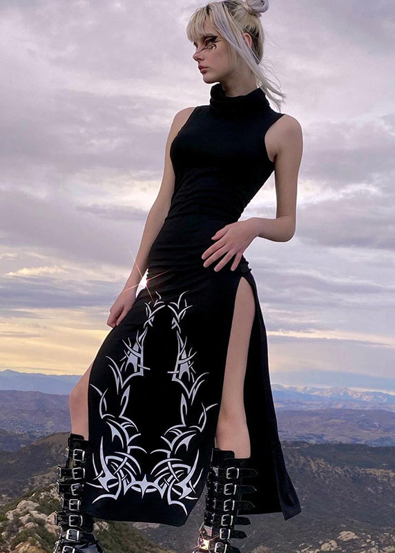 Sexy Black Turtleneck Print Side Open Cotton Robe Long Dresses Sleeveless